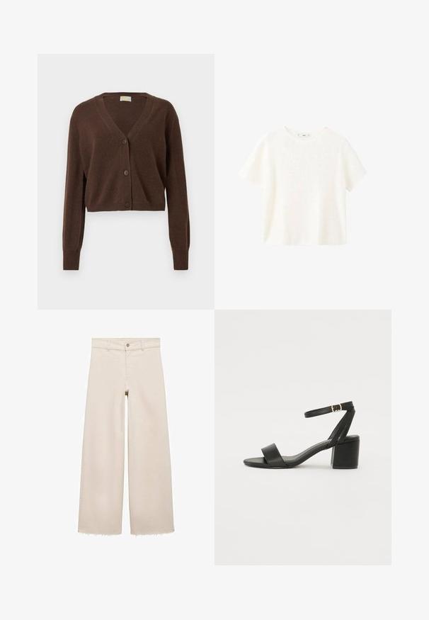 Smeđa, skraćena cardigan jakna s V-izrezom, dugim rukavima i tri gumba sprijeda. Mekana tekstura i rebraste manžete.; Bijela kratka majica s kratkim rukavima i okruglim izrezom. Mekana tekstura i opušteni kroj, s jednostavnim dizajnom bez dodatnih uzoraka.; Bež traperice širokih nogavica s visokim strukom, s kopčanjem na gumb, prednjim džepovima i strganim rubovima. Izrađene od trapera.; Crne sandale na visoku petu s glatkim kožnim gornjim dijelom, otvorenom kapicom, širokim prednjim trakama i podesivim remenom oko gležnja s detaljem zlatne kopče.