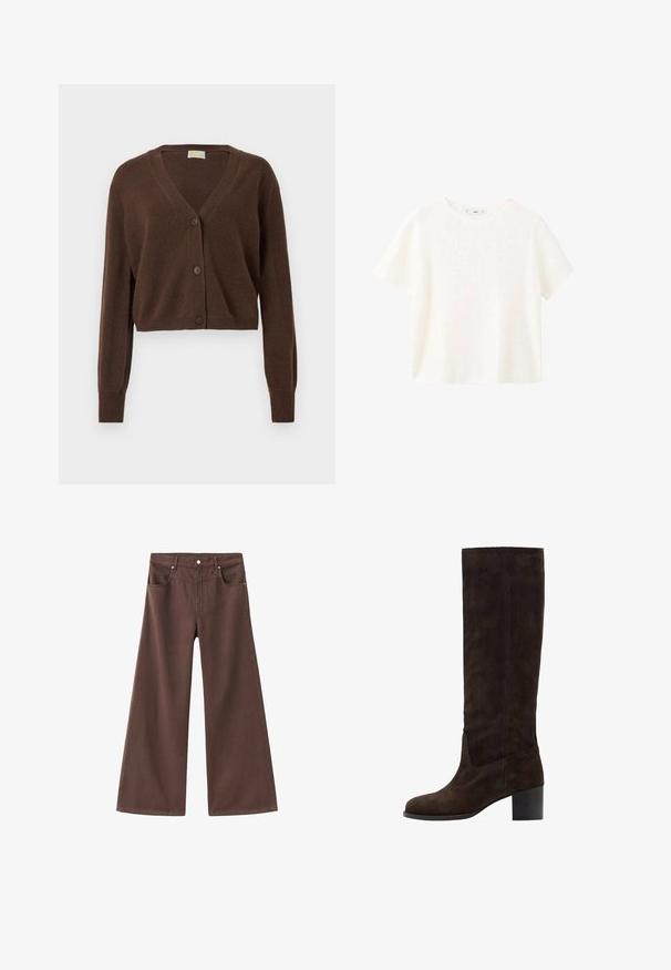 Hnědý zkrácený kardigan s výstřihem do V, dlouhými rukávy a třemi knoflíky vpředu. Měkká textura a žebrované manžety.; Bílý krátký rukáv, ribovaný top s kulatým výstřihem. Měkká textura a uvolněný střih, s jednoduchým designem bez dalších vzorů.; Hnědé džíny s širokými nohavicemi vyrobené z denimu. Mají pět kapes, zipový klouzák a kovové nýty. Hladká textura a klasický design.; Hnědé semišové kozačky až ke kolenům se čtveratou špičkou a blokovým podpatkem. Hladký povrch a minimální švy na vnější straně.