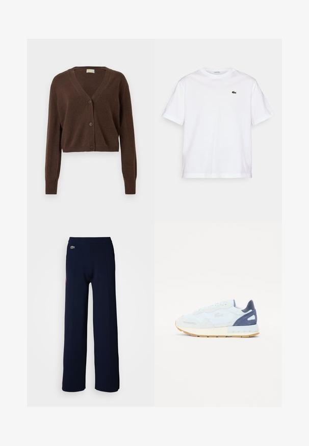 Cardigan corto marrone con scollo a V, maniche lunghe e tre bottoni sulla parte anteriore. Texture morbida e polsini a coste.; T-shirt bianco in cotone con scollo rotondo e maniche corte. Caratterizzato da un logo ricamato verde sul petto. Tessuto morbido, vestibilità comoda.; Pantaloni a gamba larga blu navy con una consistenza morbida, presentano una cintura a coste e un piccolo logo verde sulla parte anteriore, evidenziando un design pulito.; Sneaker azzurri chiari realizzati con un mix di materiali in pelle scamosciata e tessuto, con un tallone blu scuro, dettagli bianchi e una suola in gomma beige.
