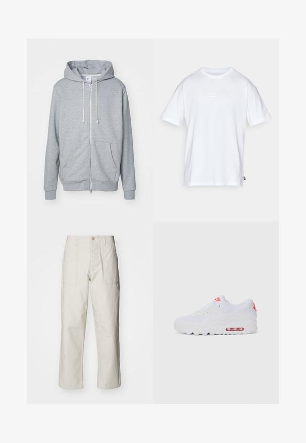 Felpa grigia con zip, realizzata in tessuto misto cotone. Caratterizzata da una tasca a marsupio, cappuccio con cordino e polsini a costine con un logo discreto sul petto.; T-shirt bianco in cotone con maniche corte e colletto tondo. Presenta un piccolo e discreto logo Nike sul petto e un'etichetta laterale.; Pantaloni a gamba larga beige chiaro in cotone. Presentano tasche frontali e chiusura con bottone. Tessuto liscio con sottili linee verticali.; Sneaker atletica bianca con tomaia liscia, chiusura con lacci, suola ammortizzata e un'unità d'aria visibile con accenti rossi sul branding.