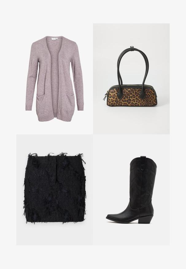 Jasnofioletowy kardigan zapinany na przód, wykonany z miękkiej dzianiny, z dwoma przednimi kieszeniami oraz ściągaczami na mankietach i dolnym wykończeniu. Prosty, luźny fason.; Dwie białe bezrękawniki z miękkiej bawełny, z okrągłym dekoltem i bez widocznych wzorów czy dodatków.; Czarna spódnica o teksturowej strukturze z warstwowym frędzlami i lekko nieregularnym dołem, wykonana z lekkiego materiału.; Czarne skórzane kowbojskie buty z wydłużonym noskiem, niskim, szczotkowanym obcasem oraz misternym tłoczonym wzorem liści na cholewie. Pętla u góry ułatwiająca zakładanie.; Torebka w leopardzi wzór z czarnym podstawą z ekoskóry, podwójnymi uchwytami u góry, złotym zamkiem błyskawicznym i akcentowanymi czarnymi klapami z ekoskóry. Prostokątny kształt.