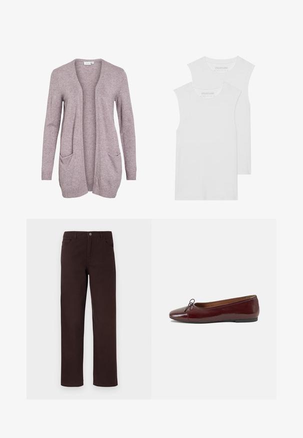Svetlo vijoličasta odprta cardigan jakna, izdelana iz mehkega pletenega materiala, z dvema sprednjima žepoma ter rebrastimi manšetami in robom. Preprost, sproščen dizajn.; Dve bele brezrokavne majice iz mehkega bombažnega blaga, z okroglim izrezom in brez vidnih vzorcev ali dodatkov.; Rjave bombažne hlače s ravnim krojem, dvema sprednjima žepoma in gumbom za zapiranje na pasu. Gladka tekstura brez vidnih vzorcev.; Burgundska patenti usnjeni baletni čevlji z zaobljenim prstom, majhnim lokom na sprednji strani in nizkim črnim gumijastim podplatom. Gladka tekstura.