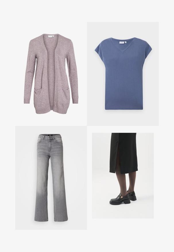 Light purple open-front cardigan made of soft knit fabric, featuring two front pockets and ribbed cuffs and hem. Simple, relaxed design.; V-neck, short-sleeve T-shirt in a muted blue color, made of soft cotton material with a smooth texture and a relaxed fit.; High-waisted straight-leg gray denim jeans with front button and zipper, front and back pockets, and faded shading on thighs and calves.; Black leather shoes with a rounded toe, thick block heel, and elastic side accents, paired with dark tights and a black skirt with a slit.