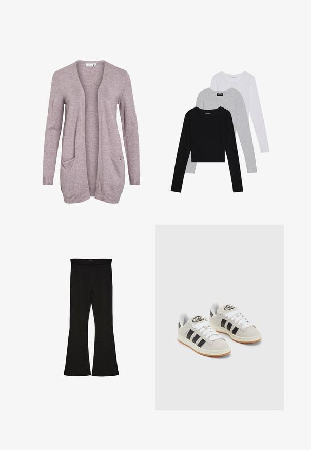 Světle fialový otevřený cardigan vyrobený z měkké pleteniny, s dvěma předními kapsami a žebrovanými manžetami a lemem. Jednoduchý, uvolněný design.; Tři trička s dlouhým rukávem naskládaná na sobě: černé, šedé a bílé. Každé má kulatý výstřih a kratší střih z hladkého, lehkého materiálu.; Černé legíny s rozšířením vyrobené z elastického materiálu. Mají široký pás a hladkou strukturu, s přiléhavým střihem, který se na lemu rozšiřuje.; Šedé semišové tenisky s bílými tkaničkami, černými pruhy a bílou gumovou podrážkou. Mají kulaté logo na jazyku a gumovou podrážku.