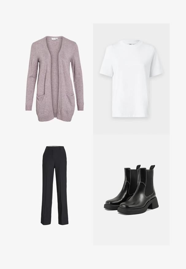 Light purple open-front cardigan made of soft knit fabric, featuring two front pockets and ribbed cuffs and hem. Simple, relaxed design.; White cotton crew-neck t-shirt featuring short sleeves and a smooth texture. Designed with a relaxed fit for comfort and versatility.; Black, high-waisted trousers with a straight-leg fit. Made from a smooth fabric, featuring front pleats and side pockets.; Black leather Chelsea boots with a chunky heel, elastic side panels, and contrasting white stitching. Textured finish.