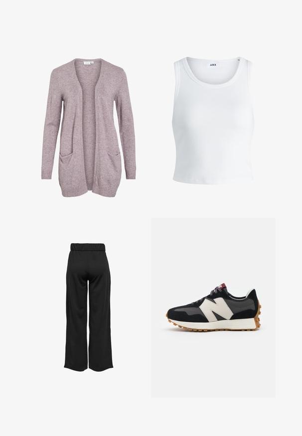 Cárdigan abierto de color púrpura claro, hecho de un suave tejido de punto, con dos bolsillos frontales y puños y dobladillo acanalados. Diseño simple y relajado.; Top de tirantes blanco con canalé, con un cuello redondo, diseño sin mangas y largo corto. La etiqueta dice "JJXX". Textura de tela suave.; Pantalones negros de pierna ancha con cintura elástica, fabricados en un tejido suave. Presentan un diseño limpio sin bolsillos ni detalles de costura visibles.; Zapatillas de ante negras y grises con un gran logo "N" en color crema, cordones morados y una suela de goma texturizada en color marrón.