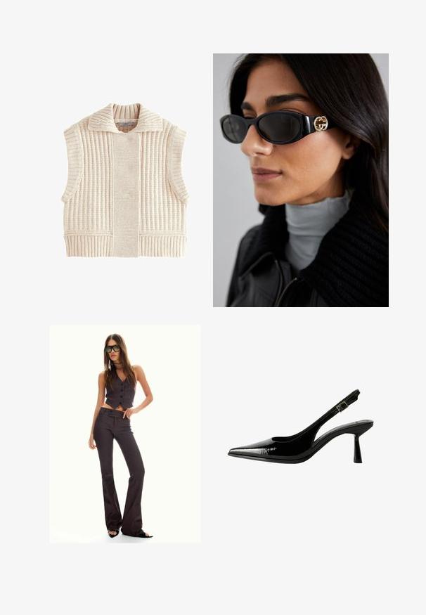 Canotta in maglia senza maniche di un beige chiaro, caratterizzata da una texture a coste, colletto ampio e un design strutturato con aperture laterali per il massimo comfort.; Top in cotone bianco senza maniche, con scollatura ampia e linea aderente. Tessuto liscio, design semplice e dettagli di cucitura minimi.; Gilet corto a righe marroni e pantaloni a zampa d'elefante, con bottoni e un tessuto testurizzato. Scarpe nere con apertura davanti e occhiali da sole oversize.; Pumps slingback in vernice nera con punta affilata, lati sagomati, cinturino alla caviglia regolabile e tacco sottile e slanciato.; Occhiali da sole neri con una montatura rettangolare elegante e un accento del logo dorato sul lato. Le lenti scure e la finitura lucida sono evidenti.; Borsa a tote in tessuto beige con dettagli a motivo marrone. Presenta una forma curva, una tracolla singola e una placca con logo nella parte anteriore con finiture in metallo argentato.