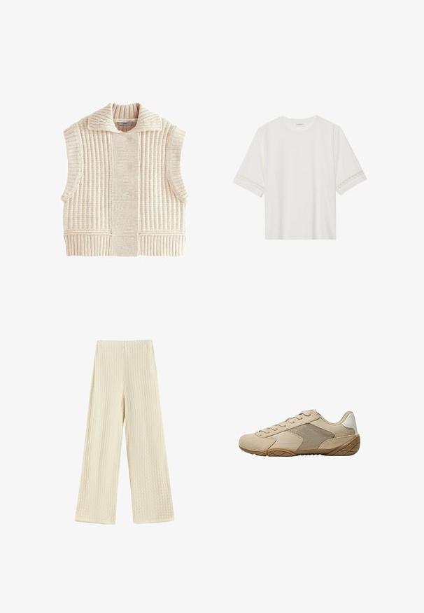 Gebreide mouwloze vest in lichtbeige, met een ribbelstructuur, brede kraag en een gestructureerd ontwerp met zijsplitten voor extra comfort.; Witte korte mouwen t-shirt van katoen, met een decoratieve kantafwerking langs de mouwen en een ronde halslijn.; Wijdvallende broeken van een gestructureerde, crèmekleurige stof. Het ontwerp heeft een wafelpatroon met een hoge taille en lange pijpen.; Beige sportieve schoen met een bovenwerk van suede en mesh, een gestructureerde rubberen zool en platte veters. Gladde accenten bij de hiel met een afgerond teenontwerp.