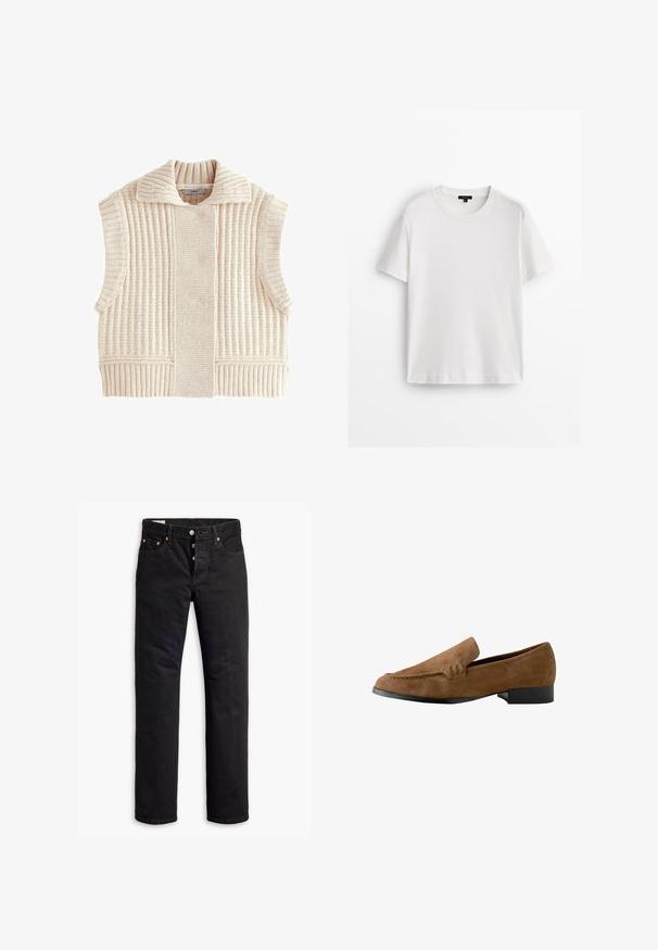 Strickweste ohne Ärmel in hellbeige, mit gerippter Textur, weitem Kragen und strukturiertem Design mit seitlichen Öffnungen für zusätzlichen Komfort.; Weißes Baumwoll-T-Shirt mit kurzen Ärmeln, Rundhalsausschnitt und lockerer Passform. Glatte Textur und schlichtes Design, keine Muster oder Akzente.; Schwarze Denim-Jeans mit geradem Schnitt, Fünf-Taschen-Design und Knopfverschluss. Mit Kupfennieten und Nähtelementen.; Braune Wildleder-Loafers mit leicht erhöhtem Absatz, glatter Textur, Nähten an der Vorderseite und einer runden Zehenform.