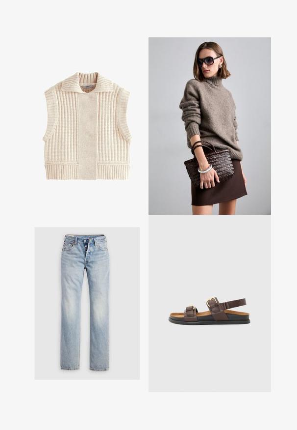 Strikket ærmeløs vest i lys beige, med ribbet tekstur, bred krave og struktureret design med sideåbninger for komfort.; Hvid bomulds t-shirt med korte ærmer, rund halsudskæring og en afslappet pasform. Glat tekstur og enkelt design, ingen mønstre eller detaljer.; Lysblå denim jeans med lige ben, fem-knap lukning og baglommer med diskret stikning.; Brune lædersandaler med to justerbare stropper med metalliske spænder, en polstret sål og en fleksibel sort gummisål.; DRAGON DIFFUSION MINI FLAT GORA - Håndtasker - dark brown