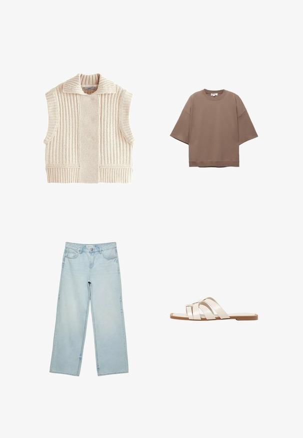 Stickad ärmlös väst i ljusbeige, med ribbad textur, bred krage och strukturerad design med sidöppningar för komfort.; Brun oversized T-shirt, korta ärmar, rund halsringning, tillverkad av mjukt bomullsmaterial, har en enkel design och minimala sömmar.; Ljust blå vida jeans i denim med hög midja, fem fickor och subtila urtvättningar. Rakt snitt med fållade kanter.; Platta sandaler med en brun gummisula, designade med tre överlappande vita läderspännen och en liten rosett i mitten.