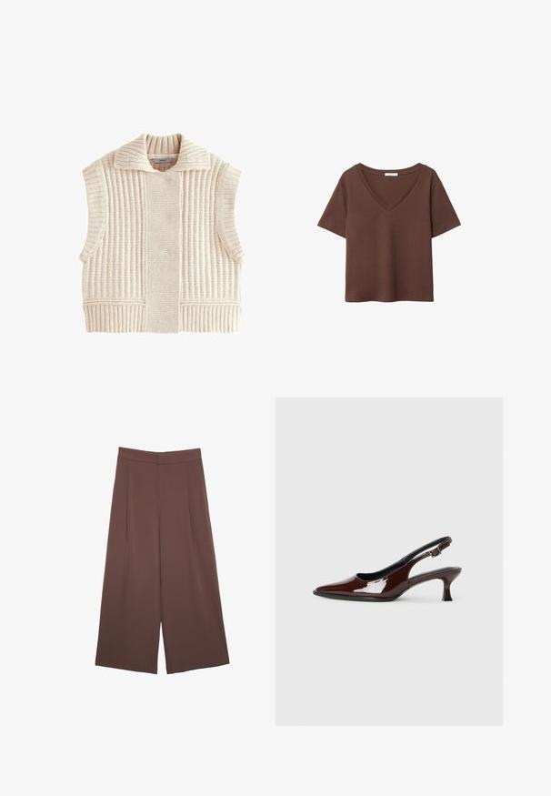 Strikket ærmeløs vest i lys beige, med ribbet tekstur, bred krave og struktureret design med sideåbninger for komfort.; Brun bomulds t-shirt med korte ærmer og dyb V-hals. Enkel design, blød tekstur og lige kant. Ingen mønstre eller detaljer.; Brune bredbunde bukser med en glat tekstur, der har høj talje og plisseringer foran. Stoffet er let og falder løst.; Brun patenteret læder slingback sko med spids tå og en moderat hæl. Har en spænde rem for en sikker pasform. Glat tekstur.