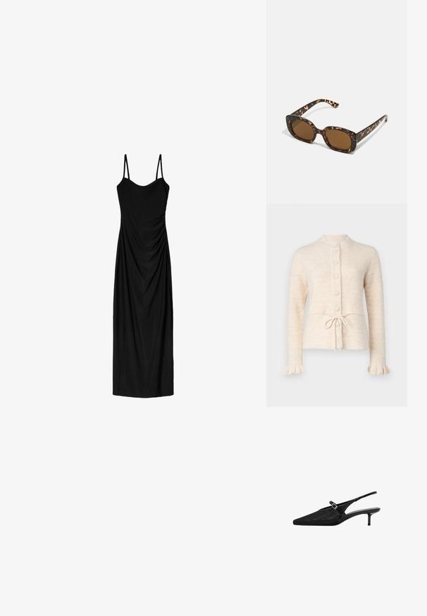 YAS YASTHELLIS mleczny; Czarna midi sukienka z cienkimi regulowanymi ramiączkami, z drapowaną formą i gładką teksturą. Brak widocznych wzorów lub ozdób.; Czarne szpilki typu slingback z ostro zakończonym noskiem, teksturowaną siateczką na cholewce, smukłym regulowanym paskiem z srebrną klamrą oraz 5 cm obcasami typu stiletto.; Okulary przeciwsłoneczne w kratkę z zaokrągloną, grubą oprawą i brązowymi soczewkami. Posiadają subtelne wzory oraz proste, zwężane zauszniki.; Metaliczna złota kopertówka o gładkim, zaokrąglonym kształcie, z górnym zapięciem na guzik i małym łańcuszkiem do noszenia.