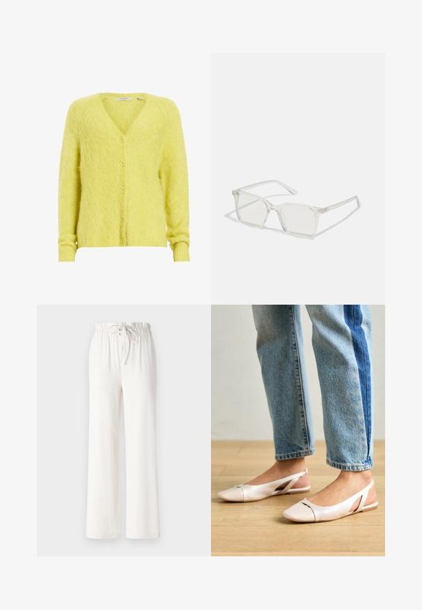 AllSaints VORTEX - Kofta - yellow; Vit kortärmad t-shirt med bred rund halsringning och texturerad ribbad mönster, tillverkad av mjukt material, med avslappnad passform och en ren design.; Vita vida byxor i mjukt tyg, med resår och snörning i midjan samt en slät yta. Inga mönster eller dekorationer synliga.; Ljust rosa slingback-lägenheter med spetsig tå, tillverkade av ett slätt läderliknande material. Har utskurna detaljer på sidorna och en platt häl.; Klart plastfyrkantiga glasögon med genomskinliga linser, med guldfärgade detaljer på bågarna för extra stil.; Vitt strukturerat handväska med korta handtag och en axelrem, med gyllene detaljer och texturerat material, visad mot en grå bakgrund.