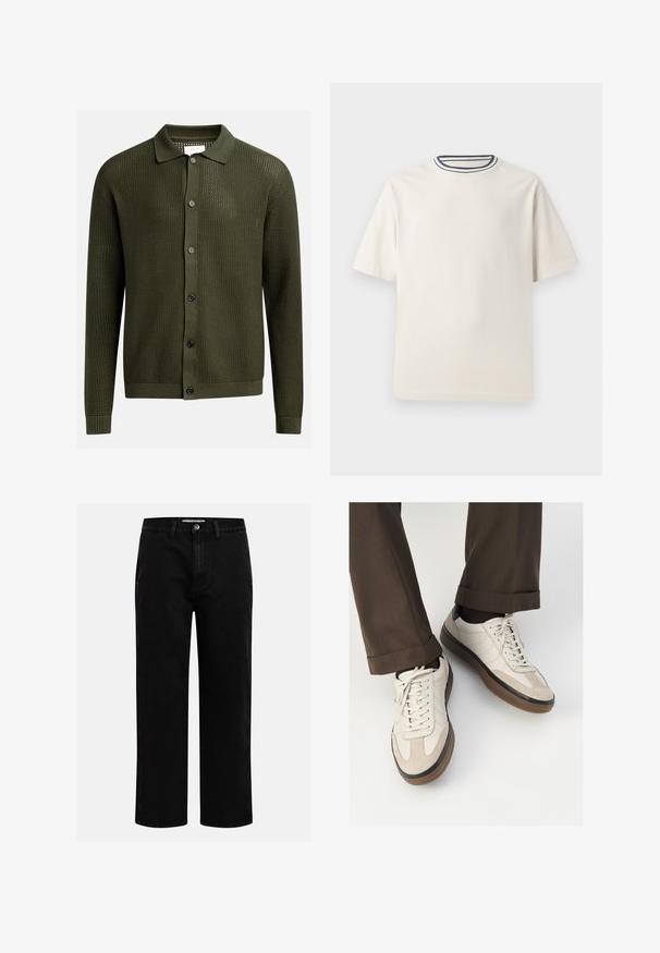 Olivgrønn cardigan med et teksturert strikkemønster, kragehals, og seks mørke knapper foran; ribbestrikkede mansjetter og kant.; Kremfarget bomulls T-skjorte med korte ermer, med rund halskant pyntet med marineblå og hvite striper. Glatt tekstur, avslappet passform.; Svarte denimbukser med rett benkutt, klassisk fem-lomme design og knappelukking i livet. Glatt tekstur og slitesterkt stoff.; Beige sneakers med teksturert semsket front, glatte skinnsider og en brun gummisåle. Snører og lys syddetalj inkludert.