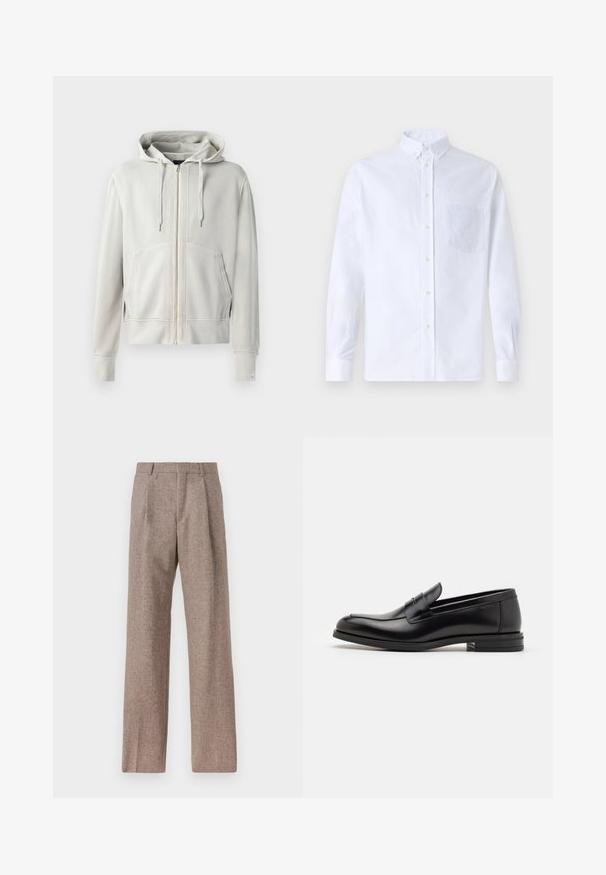 Hoodie zippé gris clair en coton mélangé doux, doté d'une grande poche kangourou, d'une capuche avec cordon de serrage et de poignets côtelés.; Chemise blanche à manches longues avec boutons en coton, présentant une poche poitrine avec broderie ton sur ton, un col et des poignets boutonnés.; Pantalons marron taille haute en tissu texturé. Présente des jambes larges et deux plis avant pour la structure. Finition soignée sans matériel visible.; Mocassins en cuir noir avec une texture lisse, bout rond et une sangle décorative sur le dessus. Talon bas empilé, design minimaliste.