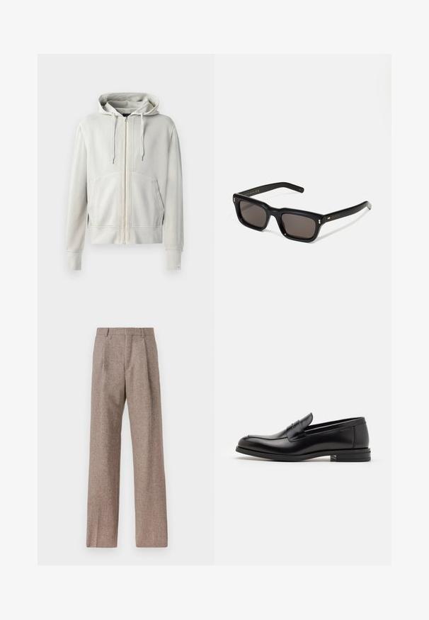 Vaaleanharmaa täysimittainen vetoketjullinen huppari, joka on valmistettu pehmeästä puuvillasekoitteesta. Siinä on tilava kengurutasku, kiristysnauhallinen huppu ja ribbauskanttiset hihansuut.; Valkoinen pitkähihaista napillista paitaa, joka on valmistettu puuvillasta. Paita sisältää rinnan kohdalla taskun, jossa on samaa sävyä oleva brodeeraus, kauluksen sekä napilliset hihansuut.; Ruskejat, korkeavyötäröiset housut, jotka on valmistettu teksturoidusta kankaasta. Ominaisuuksina ovat leveät lahkeet ja kaksi etupuolelle ommeltua laskosta rakenteen tukemiseksi. Siisti viimeistely ilman näkyvää metalliosaa.; Mustat nahkakengät, joissa on sileä pinta, pyöreä kärki ja koristeellinen nauha jalkapöydän yli. Matala pinoitu koroke, minimalistinen muotoilu.; Mustat suorakulmaiset aurinkolasit tummilla linsseillä, paksu muovikehys, kultaiset korostukset temppeleissä ja brändin logo kaiverrettuna varteen.