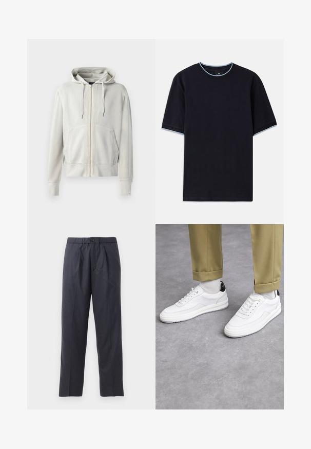 Light gray full-zip hoodie made of soft cotton blend, featuring a spacious kangaroo pocket, drawstring hood, and ribbed cuffs.; Dark blue short-sleeve t-shirt with a round neckline, featuring light blue accent at the collar and sleeves. Made of soft cotton fabric.; Dark navy trousers made of soft fabric with a pleated front design and elastic waistband. Features a button closure and straight-leg cut.; White sneakers with a textured leather finish, rounded toe, and black heel accent. Rubber sole with small tread pattern and stitched detail.