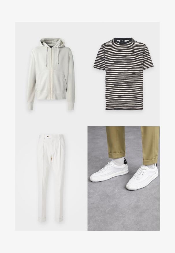 Sudadera con cremallera completa de color gris claro, hecha de una suave mezcla de algodón, con un amplio bolsillo tipo canguro, capucha con cordón y puños acanalados.; Camiseta de rayas negras y blancas con cuello redondo, mangas cortas y textura suave. Presenta rayas alternadas de grosor grueso y fino.; Pantalones blancos, ajustados, con un frente plano, dos pliegues y puños enrollados. Hechos de una tela suave con un cierre de botón en la cintura.; Zapatillas blancas con un acabado de cuero texturizado, punta redondeada y acento negro en el talón. Suela de goma con un pequeño patrón de relieve y detalle de costura.