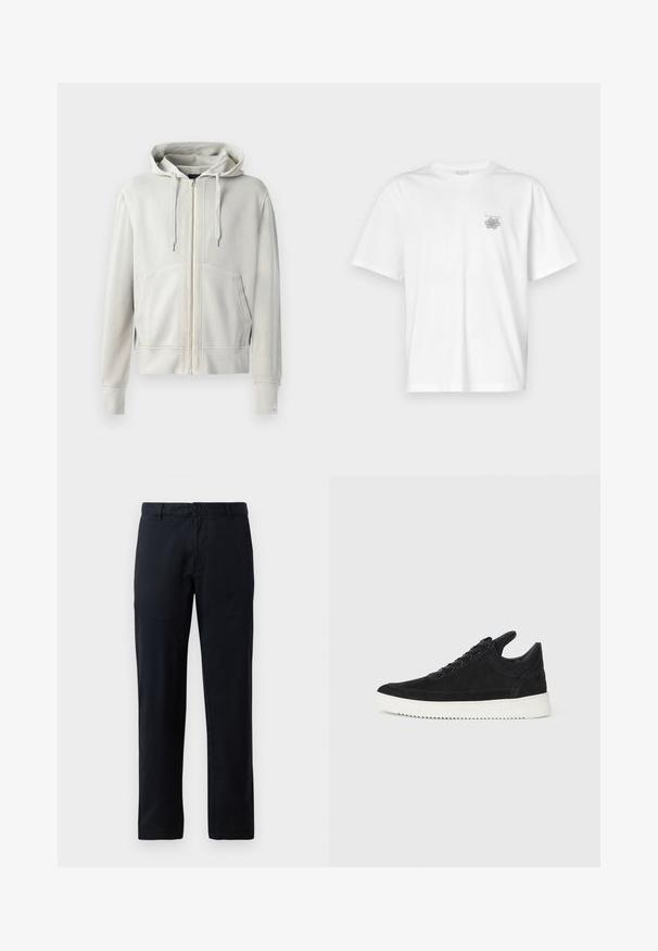 Svijetlosiva dukserica s punim zatvaračem napravljena od meke mješavine pamuka, s prostranom kenguruvom džepom, kapuljačom s vezicom i rebrastim manžetama.; Bijela majica od pamuka s kratkim rukavima, okruglim izrezom i malim sivim logotipom na lijevoj strani prsnog područja. Glatka tekstura.; Crne ravne hlače izrađene od glatkog materijala. Sadrže jedan gumb za zatvaranje i petlje za remen, bez vidljivih uzoraka ili naglasaka.; Crne nubuk tenisice s bijelim gumenim potplatom, s toniranim šavovima i dizajnom vezanja. Glatka tekstura s modernim, strujnim oblikom.