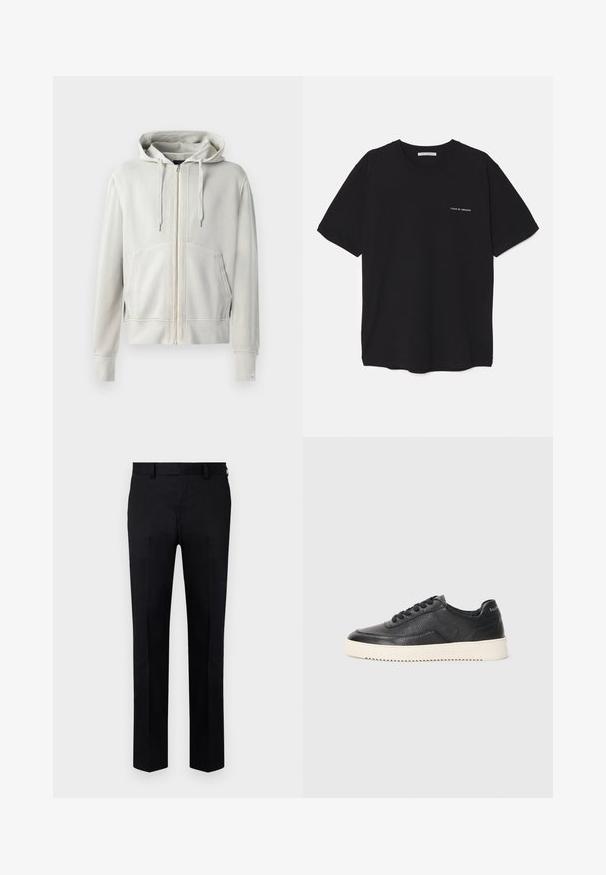 Light gray full-zip hoodie made of soft cotton blend, featuring a spacious kangaroo pocket, drawstring hood, and ribbed cuffs.; Black cotton T-shirt with a crew neck, short sleeves, and a white logo print on the left chest. Simple, solid color design.; Black trousers made of smooth fabric, featuring a straight-leg design, front crease, and belt loops at the waist. No visible patterns or accents.; Black leather sneaker with textured finish, round toe, and flat white rubber sole. Features black laces and branding on the heel.