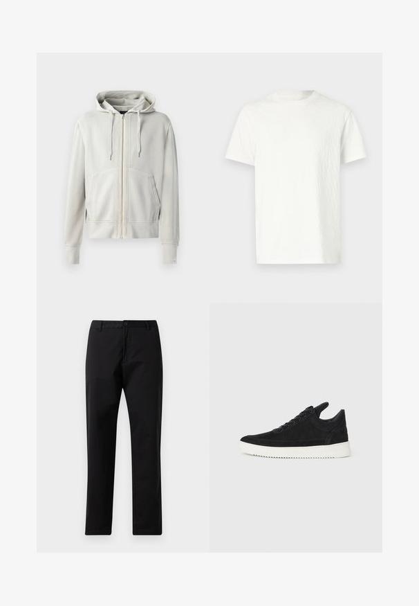 Heledhalli hallikas täispikk zip-up kapuutsiga sviiter, mis on valmistatud pehmest puuvilla segust, millel on avar kängurupocket, reguleeritav kapuuts ja ribatid.; Valge lühikeste varrukatega t-särk, millel on veidi tekstureeritud pind ja ümar kaelus. Nähtavad mustrid või riistvara üksikasjad puuduvad.; Mustad sirged džinsid, millel on nupp ja lukuga kinni panemine, vöökohad ja eesmine taskud, esitatud valgel taustal.; Must mustel kingad valge kummist tallaga, millel on toon-toonis õmblused ja paeltega disain. Sile tekstuur ja moodne, voolujooneline kuju.