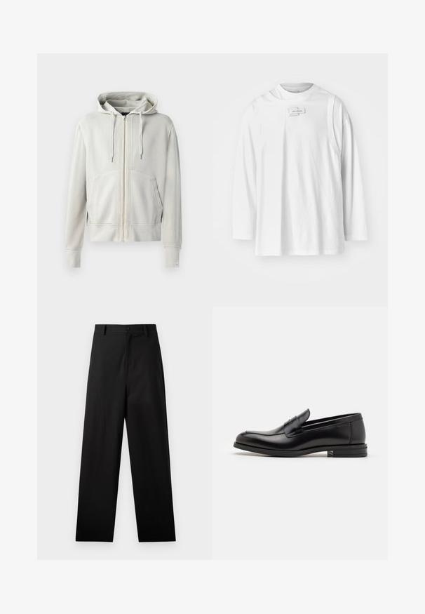 Felpa grigia chiara con zip intera realizzata in morbido cotone misto, con ampio tascone a marsupio, cappuccio regolabile con cordino e polsini a costine.; Feng Chen Wang DECONSTRUCTION UNISEX - Maglietta a manica lunga - white; Pantaloni neri in cotone con design a gamba dritta, dotati di chiusura frontale con bottone e tasche laterali. Texture liscia, senza motivi.; Mocassini neri in pelle con una texture liscia, punta arrotondata e una striscia decorativa sulla tomaia. Tacco basso impilato, design minimalista.