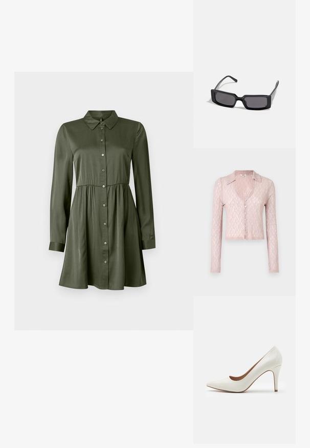 Jasnoróżowy kardigan z długim rękawem, koronkowy, z kołnierzykiem i dekoltem w serek, z pięcioma guzikami z przodu, teksturowanym wzorem i krótkim dołem.; Zielona oliwkowa sukienka z długim rękawem, z zapięciem na guziki, dopasowana w talii, z kołnierzykiem, lekko rozszerzanym dołem i mankietami.; Białe lakierowane buty na wysokim obcasie z wysmuklonym noskiem i gładką powierzchnią, z cienkim obcasem i niskim krojem wokół otwarcia.; Czarne okulary przeciwsłoneczne z prostokątną oprawką, ciemnymi soczewkami i gładkim, błyszczącym wykończeniem. Posiadają cienkie zauszniki z subtelnym logo po boku.; Portfel na nadgarstek marki Michael Kors w beżowej, pokrytej płótnem, z powtarzającym się wzorem logo MK, złotym okuciem i odpinanym łańcuszkowym paskiem.; Złote metaliczne kolczyki o falistym wzorze; gładka, odblaskowa powierzchnia; asymetryczny kształt; brak widocznych wzorów lub elementów metalowych.