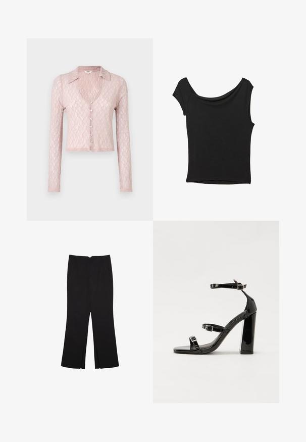 Svetloružový kardigán s dlhým rukávom a čipkovým vzorom, s golierom a výstrihom do V, s piatimi gombíkmi na prednej strane, textúrovaným vzorom a skráteným lemom.; Čierny krátky rukáv top vyrobený z hladkej tkaniny; má prehnutý výstrih a asymetrický lem, s priliehavým telom.; Čierne nohavice so strihom rovného strihu, s prednými vreckami a bočnými rozparkami na leme. Vyrobené z mäkkej, hladkej tkaniny. Vhodné na rôzne príležitosti.; Čierne lakované sandále na podpätku so štvorcovou špičkou, navlečenými remienkami okolo členku a striebornými prackami. Disponujú masívnym blokovým podpätkom pre stabilitu.