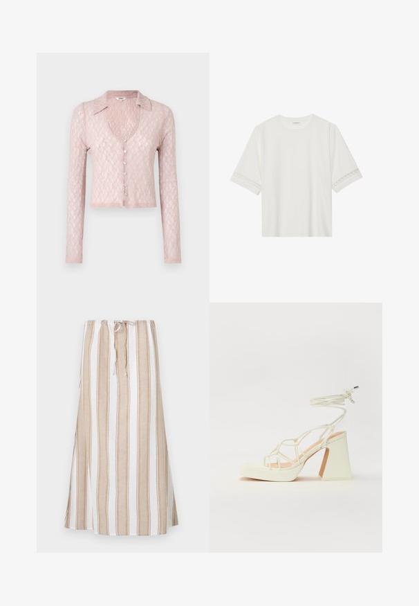 Light pink, long-sleeve lace cardigan with a collar and V-neck, featuring five buttons down the front, textured pattern, and cropped hem.; White short-sleeve t-shirt made from cotton, featuring decorative lace trim along the sleeves and a round neckline.; Striped skirt in white and light brown, featuring a drawstring waist and a long, flowing design. Made from lightweight fabric with a relaxed fit.; White high-heeled sandal with a chunky heel, featuring a strappy design and ankle tie. Smooth texture with a platform front for added height.