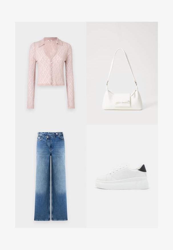 Lys rosa, langermet blonde cardigan med krage og V-hals, med fem knapper foran, teksturert mønster og cropped hem.; Hvit t-skjorte med kort erme laget av bomull, med dekorativ blondekant langs ermene og en rund halslinning.; Lyseblå vide jeans med en falmet vask, som har et klassisk fem-lomme-design og metalknap-detaljer ved livet.; Hvite plattform sneakers laget av glatt syntetisk materiale, med rund tå, snøring og en strukturert gummisåle. Svart hæl akcent.; Hvit syntetisk håndveske med trekantet form, flat klaff foran og sløyfe detaljer, justerbar stropp, glatt tekstur og minimalistisk design.