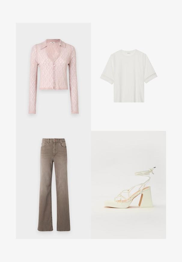 Lys rosa, langermet blonde cardigan med krage og V-hals, med fem knapper foran, teksturert mønster og cropped hem.; Hvit t-skjorte med kort erme laget av bomull, med dekorativ blondekant langs ermene og en rund halslinning.; Brune høy midje rette jeans med frontknapp, beltesløyfer og klassisk fem-lomme design på hvit bakgrunn.; Hvit høyhælte sandal med kraftig hæl, med en stroppe-design og ankelbånd. Glatt tekstur med plattform foran for ekstra høyde.