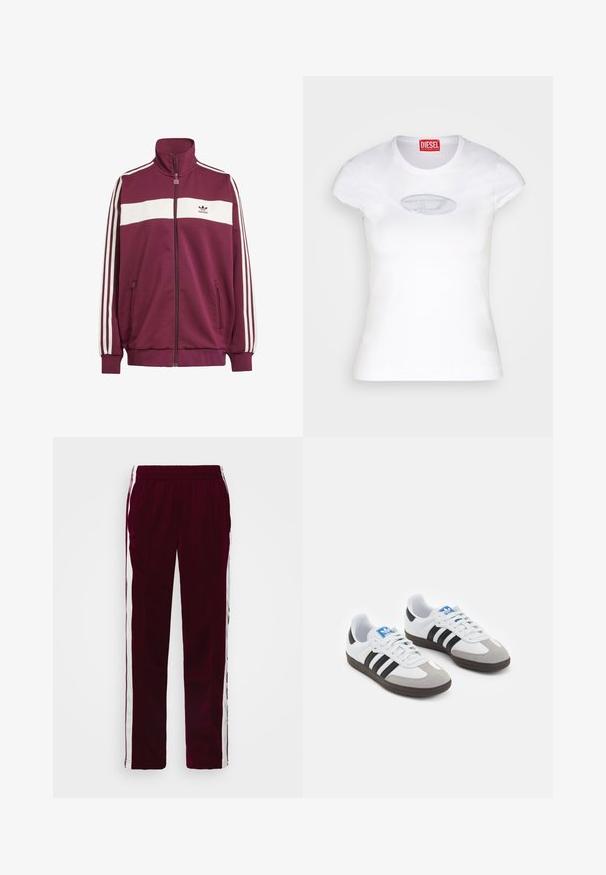 Casaco de fecho éclair cor bordeaux com risca horizontal branca e três riscas brancas de lado. Apresenta um colarinho alto e dois bolsos laterais com fecho éclair.; T-shirt branca ajustada, feita de algodão, com decote redondo e mangas curtas, apresentando um logótipo bordado em azul claro à frente.; Calças de atletismo bordeaux com cintura ajustável por cordão, riscas brancas nas laterais e um corte slim. Feitas de um tecido leve e suave.; Ténis desportivos com um cabedal em pele branca, biqueira em camurça cinza e três riscas pretas. Apresenta um logo azul na língua e uma sola de borracha texturizada.