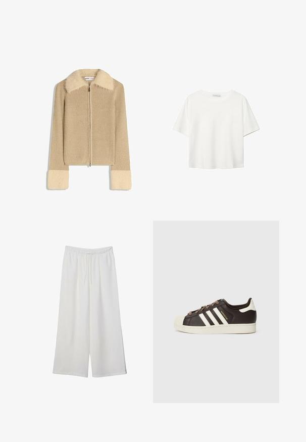 Béžová žebrovaná bunda s měkkým límcem a manžetami z umělé kožešiny. Má centrální zip a strukturovaný střih. Texturovaná tkanina po celém povrchu.; Bílý krátký rukáv tričko vyrobené z bavlny. Má kulatý výstřih a volný střih. Hladký materiál bez viditelných vzorů nebo akcentů.; Bílé kalhoty s širokými nohavicemi vyrobené z lehké tkaniny, s elastickým pasem a stahovací šňůrkou pro nastavitelnou velikost. Hladká textura.; Nízký teniska Adidas Superstar z tmavě hnědé kůže s krémovou špičkou, bílými pruhy a nápisem "Superstar" na boku.