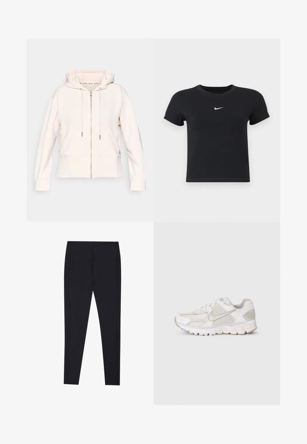 Světle růžová mikina na zip s jemně žebrovanou texturou, nastavitelné šňůrky a boční kapsy. Měkká látka, volný střih a kapucí.; Černé tričko s krátkým rukávem vyrobené z bavlny s kulatým výstřihem. Na hrudi se nachází bílé logo Nike, minimalistický design a přiléhavý střih.; Černé legíny s přiléhavým střihem, hladkou texturou a bez viditelných vzorů. Mají boční švy a čistou, minimalistickou siluetu.; Bílé atletické boty s mesh a syntetickými materiály. Mají strukturovaný design, polstrovaný límec a geometrické akcenty na patě.