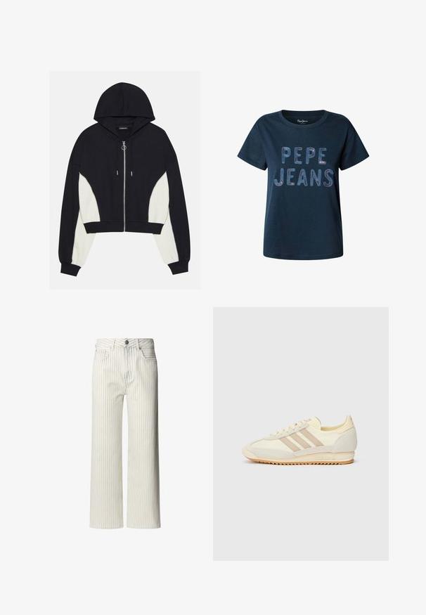 Melna un balta īsā kapuce ar priekšējo rāvējslēdzēju, kapuci un kontrastējošām sānu daļām. Aprīkota ar sudraba kniedēm un ribotu aproču un apakšmalu.; Kara zila T-kreklu, kas izgatavots no kokvilnas, ar "PEPE JEANS" logo daudzkrāsainā tekstūrētā burtu stilā priekšā. Īsas piedurknes un apaļa kakla izgriezums.; Gaišas krāsas plati bikses ar vertikālām svītrām, izgatavotas no kokvilnas auduma. Tām ir pogāta josta un jostu cilpas.; Krēma krāsas sporta apavi ar trim beiga joslām, izgatavoti no zamša un tekstila materiāliem, ar fakturētu zoli un iegravētu zīmolu uz papēža.