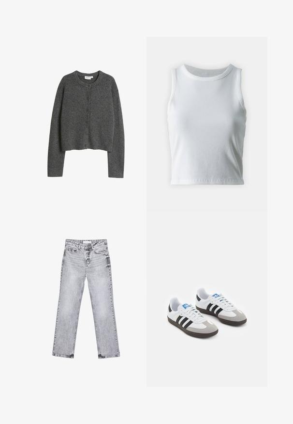 Dunkelgrauer, langärmeliger Button-Up-Cardigan mit rundem Ausschnitt und geripptem Kragen, auf einem weißen Hintergrund dargestellt.; Weißes, geripptes Tanktop mit runder Ausschnittform und ärmellosem Design, ausgestattet mit einem geraden Saum und einer glatten, dehnbaren Textur.; Graue Jeans aus Denim mit geradem Bein, mit Used-Effekten, fünf Taschen und kupferfarbenen Nieten. Der Bund verfügt über ein Logoshirt.; Sportschuhe mit einem Obermaterial aus weißem Leder, grauer Wildleder-Zehenkappe und drei schwarzen Streifen. Sie verfügen über ein blaues Logo auf der Zunge und eine strukturierte Gummisohle.