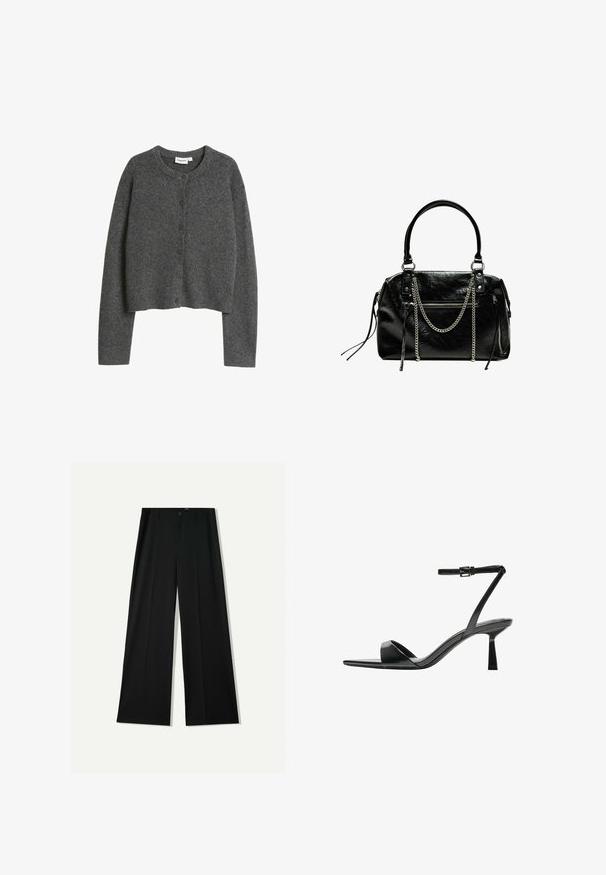 Tummanharmaa, pitkähihaisa nappikauluspaita, jossa on pyöreä kaula-aukko ja röyhelö-ommel kauluksessa, esitetty valkoisella taustalla.; Musta ja valkoinen pitkähihainen t-paita, jossa on pyöreät kaula-aukot, pehmeä kangas ja vartalonmyötäinen muotoilu suorin helmoin.; Bershka WIDE - Housut - black; Bershka Korolliset sandaalit - black; Bershka WITH CHAIN - Käsilaukku - black