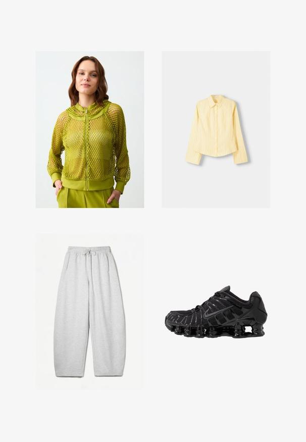Limegrüne Mesh-Reißverschlussjacke mit hohem Kragen, gerippten Bündchen und einem festen, gefütterten Saum. Verfügt über ein durchsichtiges Muster und eine leichte Textur.; Gelb gestreifter Hemd mit langen Ärmeln, spitzem Kragen und vorderer Knopfverschluss. Hat vertikale blaue Streifen und eine taillierte Passform.; Hellgraue Sweatpants mit entspannter Passform, elastischem Bund, Kordelzug und seitlichen Taschen; aus weichem, strukturiertem Stoff gefertigt.; Schwarzer Sportschuh mit Mesh-Obermaterial und glänzenden Überzügen. Verfügt über eine geschwungene Spiraldämpfung und strukturierte Linien an der Seite. Nike-Logo sichtbar.