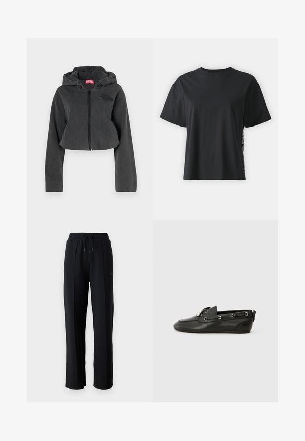 Sudadera gris recortada hecha de tejido suave con un zipper frontal, capucha y un detalle de logo negro en el pecho. Cuenta con mangas largas.; Camiseta de algodón negra de manga corta con un corte relajado y un panel lateral en contraste que presenta texto pequeño y detalles de diseño.; Pantalones de chándal negros con un corte relajado, cinturilla elástica, cordón ajustable y costuras verticales a lo largo de las piernas. Textura de tela suave.; Zapatos de barco de cuero negro con punta redonda, parte delantera con cordones, ojales de metal y suela plana. Presenta una pequeña pestaña en la parte trasera.
