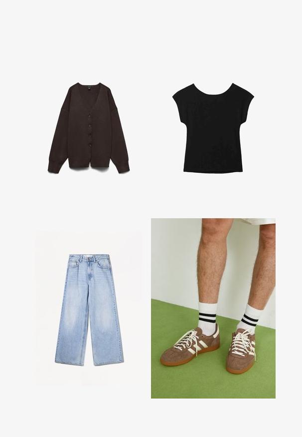 Brown v-neck cardigan featuring long, wide sleeves, five buttons down the front, and a soft, textured fabric with dropped shoulder seams.; Black short-sleeve top with a wide neckline and loose fit. Made of soft fabric with no visible patterns or embellishments.; Bershka WIDE-LEG - Wide Leg - light-blue denim; Brown suede sneakers with white accents and laces. Rubber gum sole. Worn with white socks featuring black stripes. Green textured flooring.