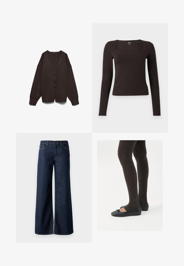 Smešasti smeđi kardigan s v-vratom, dužim širokim rukavima, pet dugmadi ukupno sprijeda i mekim, teksturiranim materijalom s spuštenim šavovima na ramenima.; Crna majica dugih rukava, uskog kroja s kvadratnim izrezom, označena s GAP, prikazana na bijeloj pozadini.; Široke traperice u tamnoplavoj denim boji. Sadrže kontrastno šivanje, pet džepova i kopčanje na dugme u struku. Glatka tekstura.; Crne ravne cipele s malim mašnom na vrhu prstiju, uparene s tamnosmešnim rebrovanim čarapama. Cipele imaju glatku teksturu i nizak profil.