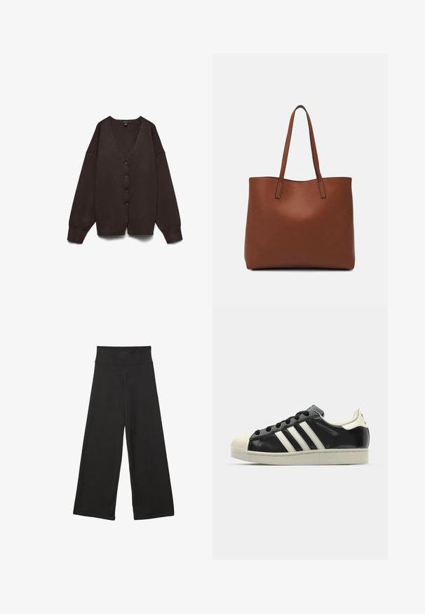 Cardigan marron à col en V avec des manches longues et larges, cinq boutons sur le devant et un tissu doux et texturé avec des coutures d'épaule abaissées.; T-shirt blanc à manches courtes en coton. Doté d'un col ras du cou et d'une coupe décontractée. Texture lisse sans motifs ni accents visibles.; Pantalons larges noirs avec une taille élastique haute, en tissu doux et avec un ajustement loose, adaptés pour une tenue décontractée ou des environnements relaxants.; Baskets en cuir noir avec des rayures blanches, embout en caoutchouc, lacets noirs et semelle extérieure crème. Texture lisse avec une finition brillante.; Sac fourre-tout en cuir marron avec une texture lisse, design à ouverture supérieure et deux poignées pour le porter à l'épaule. Présente des coutures minimales et aucun matériel visible.