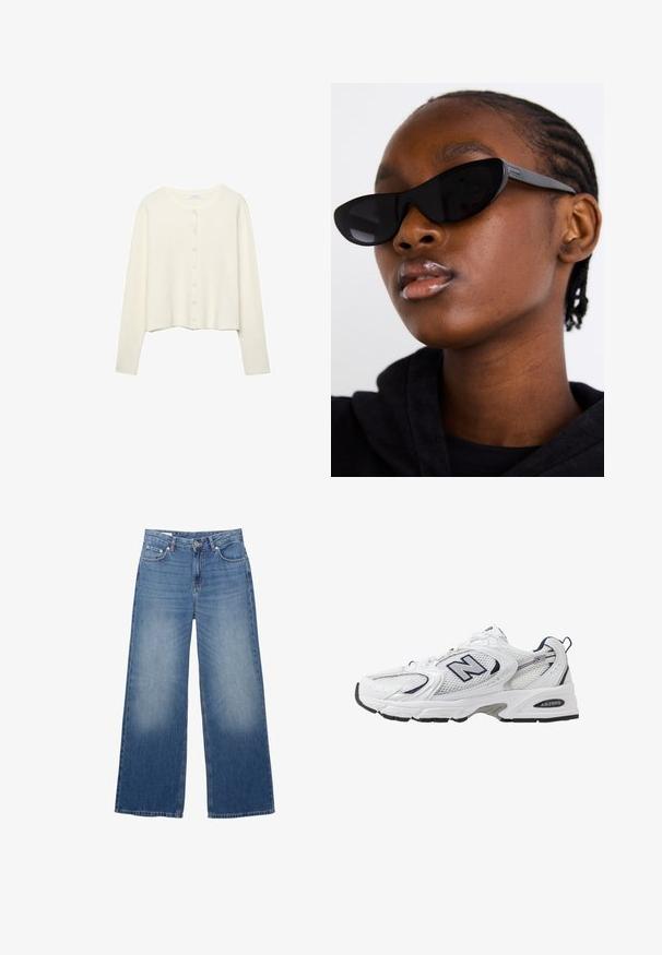 Bílý žebrovaný kardigan s dlouhými rukávy a kulatým výstřihem. Má zapínání na knoflíky s malými kulatými knoflíky. Zkrácený střih.; Černý top s dlouhým rukávem vyrobený z měkké látky. Obsahuje hluboký V-výstřih s krajkovým lemem ve tvaru vlny a přiléhavý střih. Žádné viditelné vzory.; Široké světle modré džíny z denimu s vybledlým vzhledem, pět kapes a knoflíkové zapínání v pase. Bavlněný materiál, rovný střih.; Bílé sportovní boty s textilním svrškem, námořnickými akcenty a polstrovanou podrážkou. Obsahují logo "N", tkaničky a texturovaný detail na boku.; Černé sluneční brýle ve tvaru kočičích očí s matným povrchem, které mají elegantní design a jemně zaoblené okraje, umístěny na pozadí modelova tmavého oblečení.; Desigual Kabelka - black