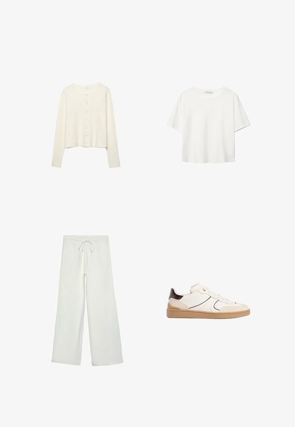 Cardigan bianco a coste con maniche lunghe e scollo rotondo. Presenta una chiusura frontale con bottoni piccoli e rotondi. Design corto.; T-shirt bianco a maniche corte realizzato in cotone. Presenta un collo tondo e una vestibilità rilassata. Texture liscia senza motivi o dettagli visibili.; Pantaloni bianchi a gamba larga realizzati in un tessuto morbido. Presentano un elastico in vita con cordino e una consistenza liscia. Senza motivi visibili o accessori.; Stradivarius Sneakers basse - white