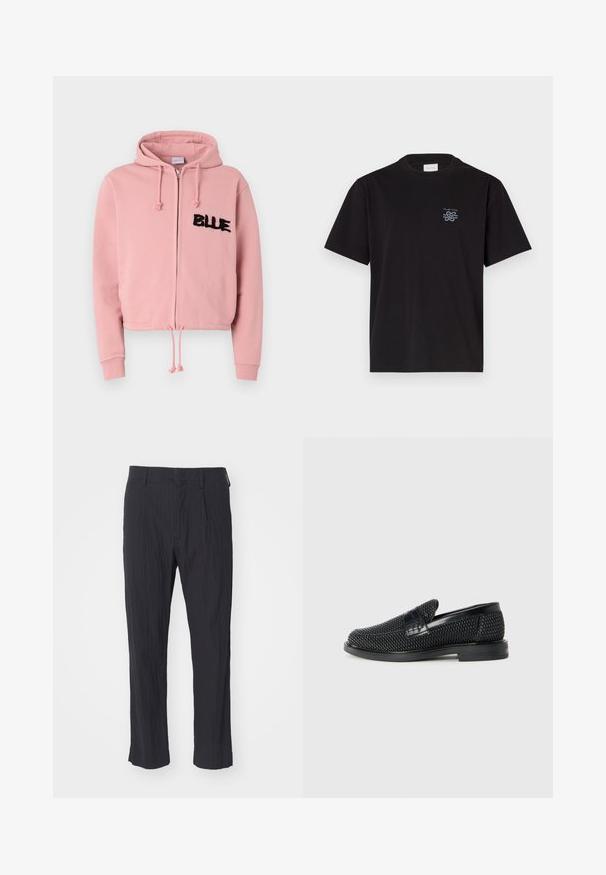 Haut cropped rose clair avec une fermeture éclair à l'avant, un cordon de serrage et deux poches avant. Présente des lettres « BLUE » en noir en peluche et des rivets.; T-shirt en coton noir avec un col rond et des manches courtes. Présente un petit logo bleu sur la poitrine gauche. Design simple et droit.; Pantalons noirs plissés en tissu texturé, présentant une coupe droite et une ceinture standard. Pas de poches ni de matériel visible.; Chaussure slip-on tissée noire avec un accent en cuir lisse sur le dessus, un design à bout rond et une semelle en caoutchouc à profil bas.