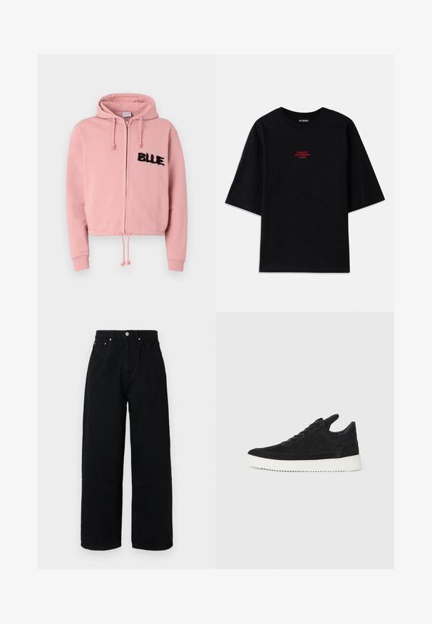 Világos rózsaszín, cropped kapucnis pulóver elülső cipzárral, zsinórral és két elülső zsebbel. Fekete bolyhos "BLUE" felirat és szegecsek díszítik.; Fekete pamut póló rövid ujjal és kerek nyakkivágással. A mellkasán egy piros "KÍGYÓBŰVÖLŐ" grafika található.; Fekete, bőszárú pamutnadrág, magas derékkal, elülső zsebekkel, ezüst színű gombbal és letisztult szegéllyel.; Fekete nubuk sportcipő fehér gumitalppal, tónusos varrással és fűzős kialakítással. Simák a textúrája, modern, letisztult formával rendelkezik.