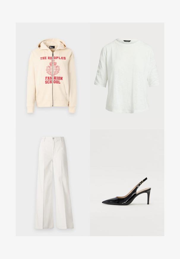 Beige színű zipzáras kapucnis pulóver, amelyen piros nyomtatott felirat olvasható: "THE KOOPLES FASHION SCHOOL" és egy koronás design található. Két elülső zsebe van és kapucnija.; Fehér, rövid ujjú póló könnyű anyagból. Kerek nyakkivágással és laza szabással rendelkezik, finom textúrájú mintával.; Fehér, bővebb nadrág, amely pamutból készült, sima textúrával. Elöl gombbal, cipzáras záródással és négy zsebes kialakítással rendelkezik.; Fekete lakk bőr kötött magassarkú cipő, hegyes orral és karcsú sarokkal, finom kivágásos dizájnnal. Az övön arany csatt található.