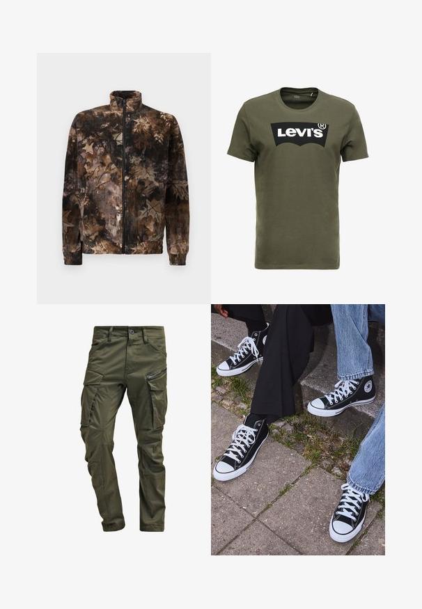 Fleece jas in bruin en zwart camouflagepatroon, met een hoge kraag, volledige rits en elastische manchetten en zoom. Zachte textuur.; Olijfgroen katoenen T-shirt met een groot zwart Levi's-logo op de voorkant. Klassieke ronde hals en korte mouwen, gladde textuur.; Olijfgroene cargobroek gemaakt van stevig katoen. Beschikt over meerdere zakken, een met rits afgesloten zijzak en taps toelopende pijpen met een licht getextureerde afwerking.; Zwarte canvas sneakers met hoge schacht, witte rubberen zolen en veters, met een cirkelvormig logo aan de zijkant, gecombineerd met denim en zwarte broeken.
