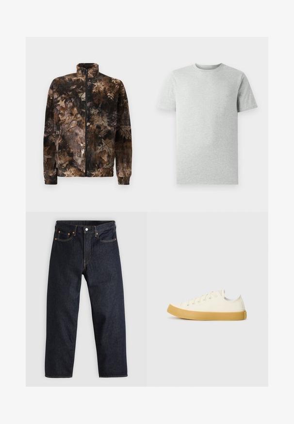 Fleece bunda v hnědém a černém maskovacím vzoru, s vysokým límcem, plným zipem a elastickými manžetami a lemem. Měkká textura.; Jednoduché světle šedé tričko s krátkým rukávem a kulatým výstřihem, vystavené na bílém pozadí, pohled zepředu bez viditelných log nebo designů.; Tmavomodré džíny z denimu se straight střihem, pěti kapsami, kontrastním oranžovým šitím a knoflíkovým zapínáním. Žádné viditelné vzory ani ozdoby.; Plátěné tenisky v krémové barvě s kulatou špičkou, s béžovými gumovými podešvami a pěti očky na tkaničky, texturovaný povrch horní části.